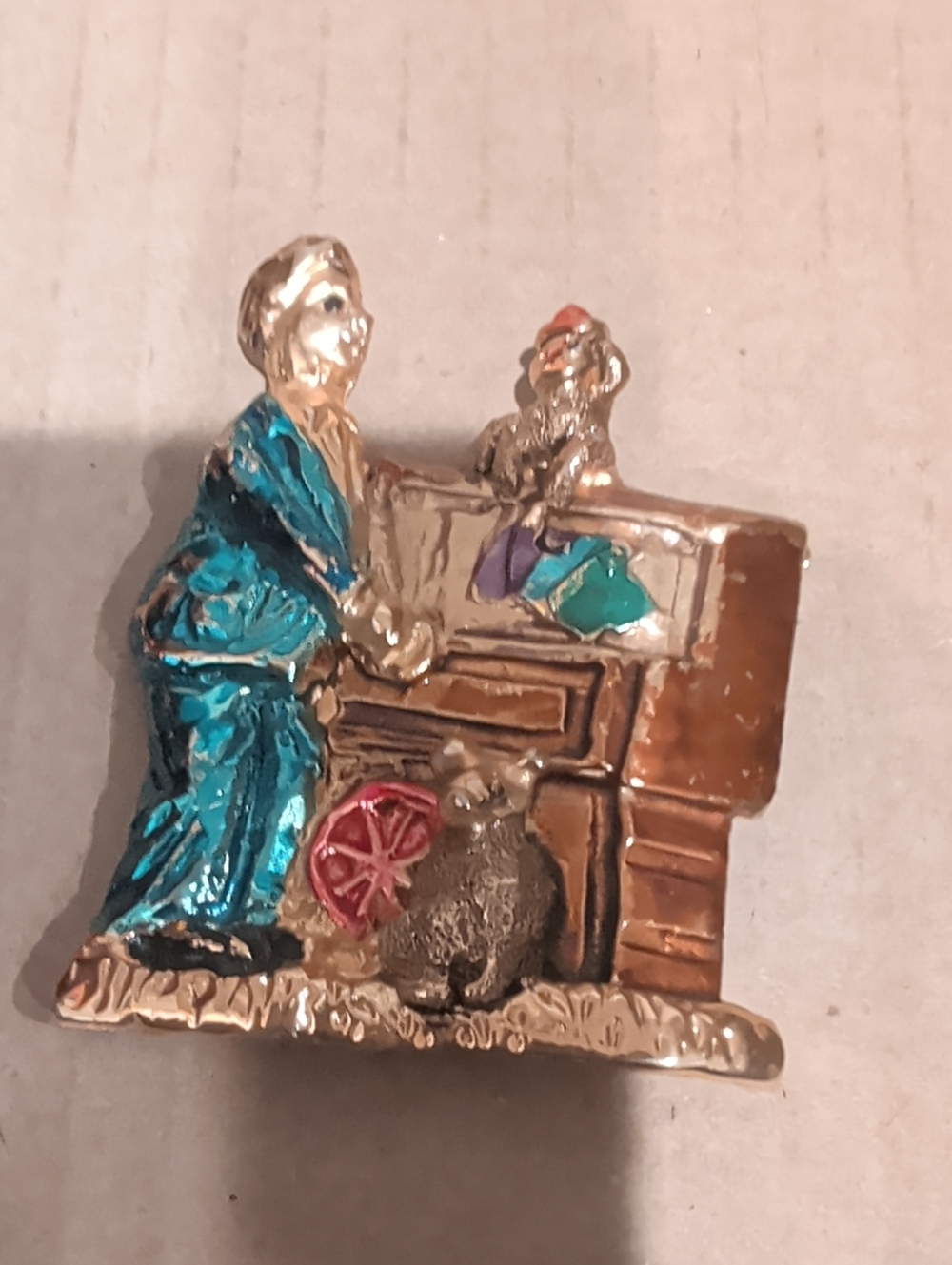 Vintage 1980s ELLE Organ Grinder with Monkeys Figural Brooch 3" Large